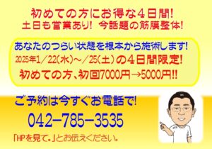 お得情報！お得情報！1/22(水)～1/25(土)初検料無料キャンペーンの内容が記載されています